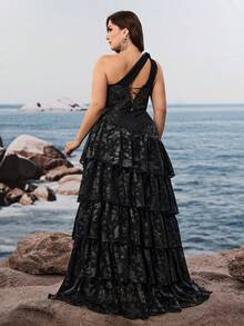 Vestido largo elegante y lujoso para mujer, talla grande, hecho a mano con bordado de flores 3D y lentejuelas en el hombro en diagonal, con abertura lateral y tirantes ajustables, adecuado para diferentes tipos de Body, que hace que las mujeres se vean talla grande jóvenes y encantadoras, apropiado para fiestas, graduaciones, bodas, eventos y diversos banquetes y fiestas de baile, vestido de fiesta formal, vestido de invitada de boda, vestido de noche (edición de lujo) - Negro - Ver 5