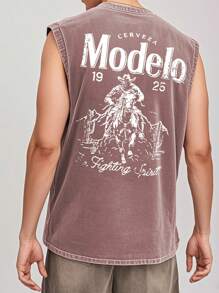 Modelo  Front And Back Prints  New Men's Premium Printed 230G Heavy Pure Cotton Washed And Aged Waistcoat Sleeveless Vest Men's T-Shirt, Summer Casual T-Shirt Casual T-Shirt