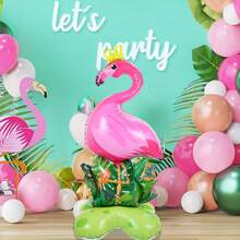 kumozawa 1pc 155.45cm Large Flamingo Aluminum Foil Balloon With Tropical Jungle Base - Vibrant Pink Flamingo & Green Foliage Design, Ideal For Hawaiian Luau, Birthday Parties, And Summer Celebrations, Flamingo Decor