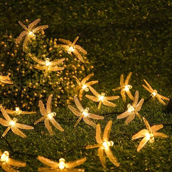 Cordão de Luzes de Fada em Forma de Libélula Movido a Energia Solar, 8 Modos de Iluminação, Decoração Externa para Jardim, Pátio, Árvores e Caminhos - Multicolorido, Controlado por Botão