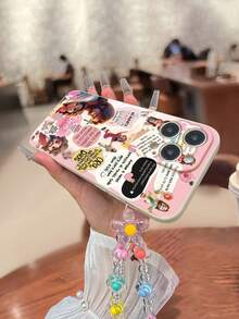 1pc Perforated Edge Painted Thicked Anti-Drop Phone Case With Handmade Flower Beaded Bracelet Accessory - Multicolor - View 4