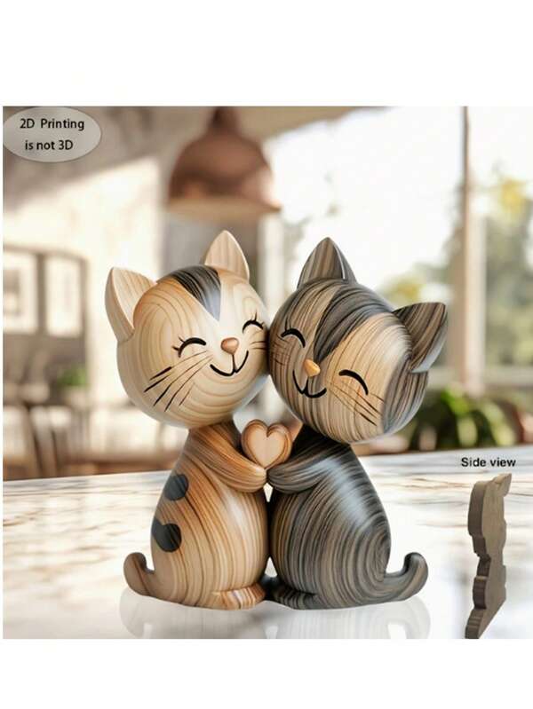 Handmade Wooden Cat Couple Sculpture - 2D Printing, Heartfelt Appreciation Gift, 8x7.08 Inches, Light & Dark Wood Grain, Home Or Office Decor, Unique Gift Idea, Cat Decoration