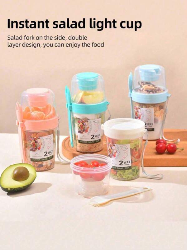 1pc Salad Cup And Fork Set Portable Breakfast Food Container, Fruit Cup, Yogurt Cup, Fitness Cup, Travel Cup, Water Bottle, Kitchen Baking Tool - Suitable For Home, Office, School And Travel