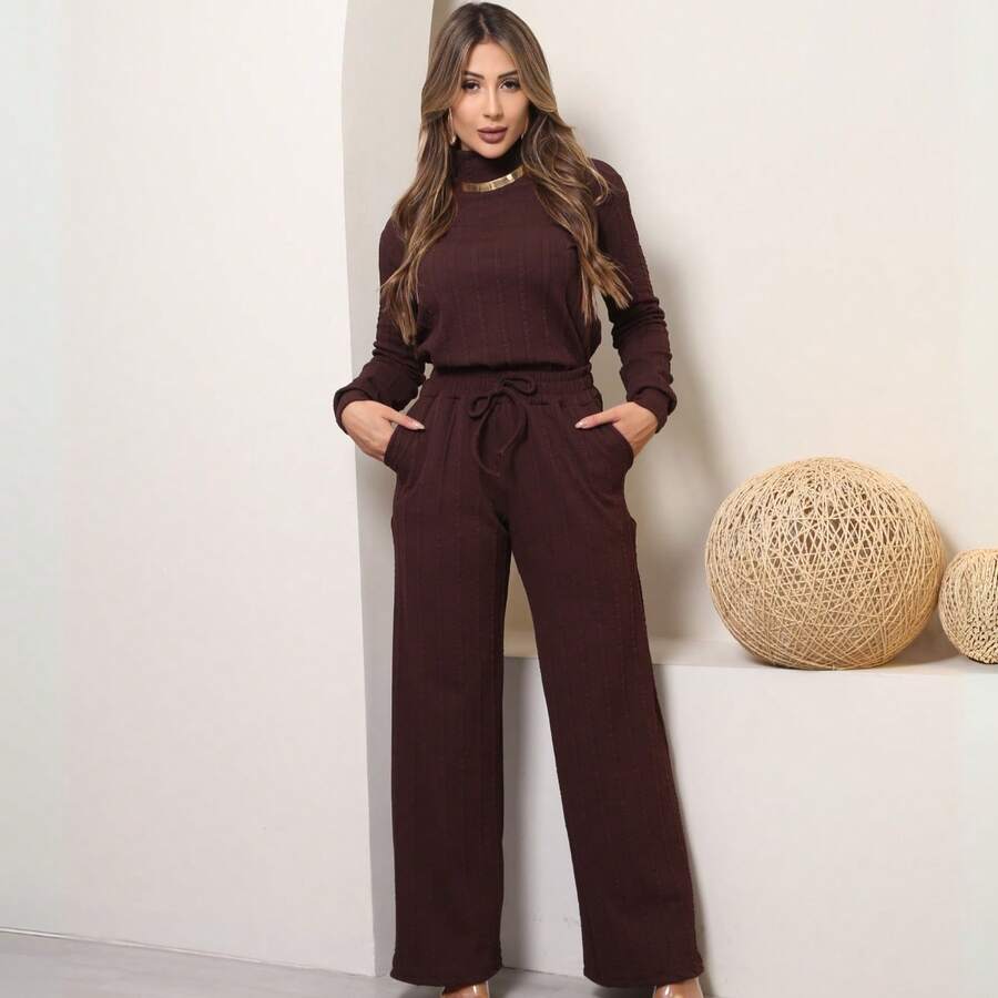 SILK ROUTE Women's Wool Set, Wide Leg Trousers And Turtleneck Blouse, Winter - Rust Brown - View 1