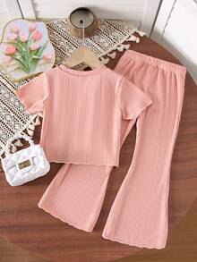 2 Pieces Toddler Girls Casual Solid Color 3D Floral Ruffle T-Shirt And Bell-Bottom Pants Set, Soft And Comfortable Knit Fabric, Suitable For Outdoor Wear In Spring/Summer - Pink - View 2