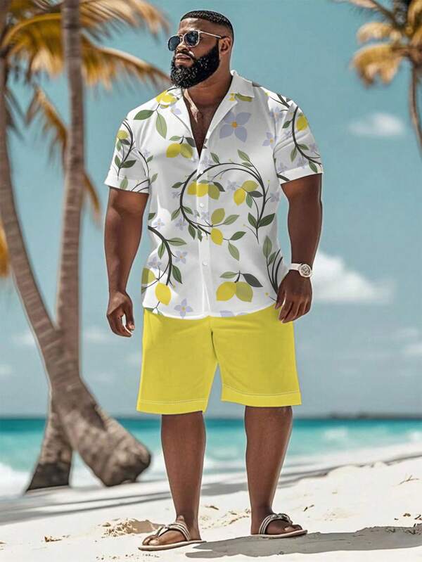 2pcs Plus Size Men's Casual Printed Short Sleeve Shirt And Shorts Set, Minimalist Fashion For Daily Wear