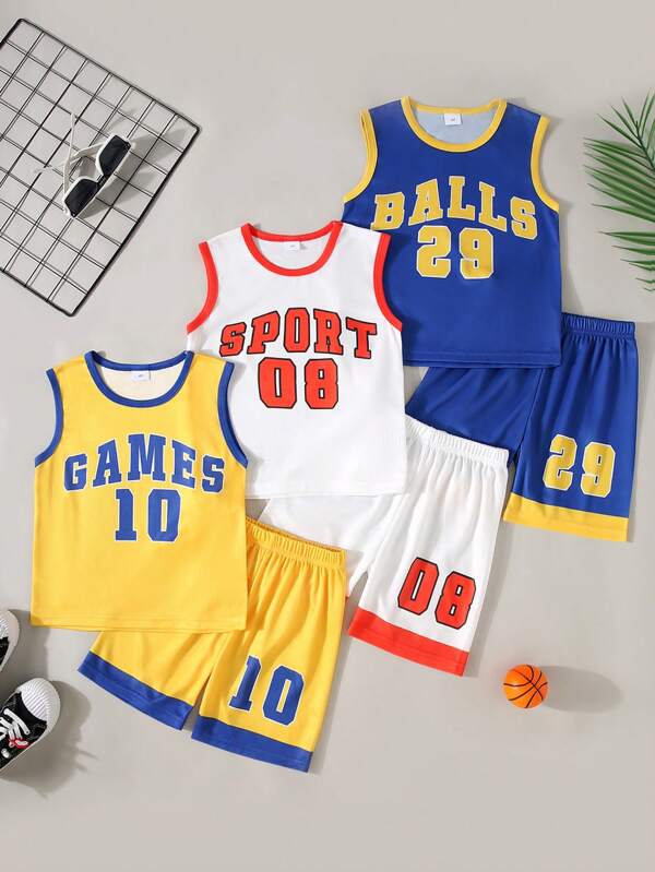 6pcs/Set Boys Casual "GAMES SPORT BALLS" Letter & Number Graphic Soft Cotton Blend Tank Top & Shorts Set, Suitable For Outdoor Wear, Spring/Summer