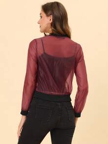 Women's Mesh Sheer Jacket See Through Long Sleeve Zip Up Bomber Jacket - Red - View 3
