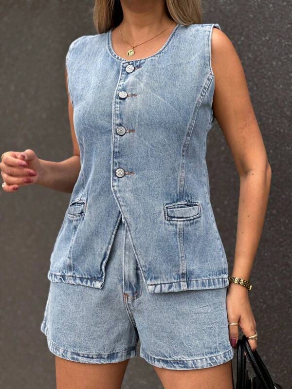 The lemon 8352 cor media conjunto jeans feminina blusa com short colete  p38 m40 g42  8352