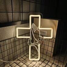 霓虹十字架耶稣标志，撒旦十字架光与信仰战胜恐惧墙饰，祈祷之手 LED 十字架符号霓虹灯标志，适用于教堂装饰、宗教复活节礼物和婚礼装饰，适用于洗礼、生日、卧室、家居装饰、花园、派对、圣诞节、多用途壁挂灯，USB 供电，节能，不发热，配有挂链，易于安装