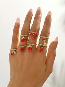 1 pieza Anillo abierto con colgante de frutas multiefecto de cobre con circonita cúbica, anillo sencillo de mujer, versátil para uso diario, trayecto, casual, regalo de vacaciones