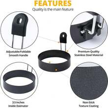 Anillo para Huevos Fritos Anti-escaldado, Molde Redondo Antiadherente Profesional para Panqueques, Molde de Huevos de Acero Inoxidable, Herramientas para Sándwiches de Desayuno - Negro - Ver 7