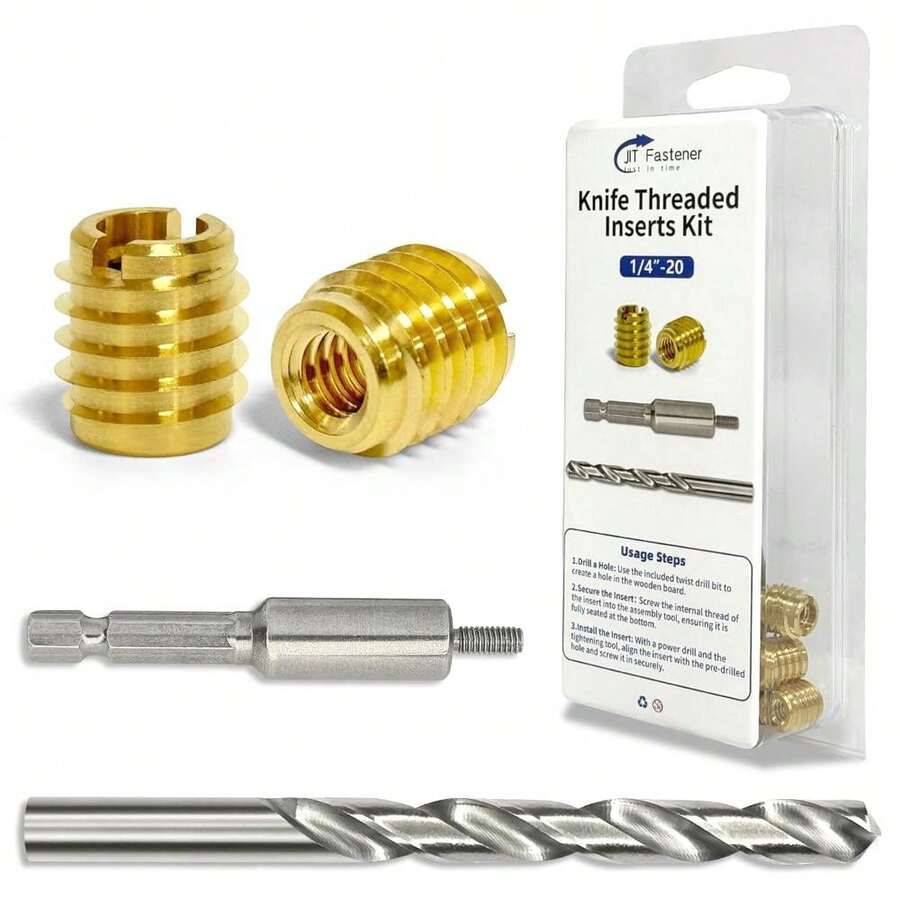 Threaded Inserts For Wood, Installation Kit, Brass, Includes 1/4-20 Knife Thread Inserts (10pcs), Drill, Installation Tool - 1 - View 1