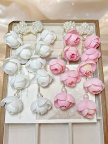 1 Cặp bông tai dài tua rua hoa hồng 3D phong cách Boho, thích hợp để đeo trong ngày lễ - Hoa hồng - Xem 2