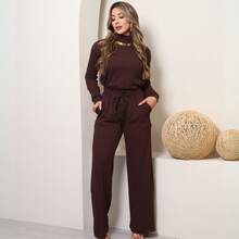 SILK ROUTE Women's Wool Set, Wide Leg Trousers And Turtleneck Blouse, Winter - Rust Brown - View 9