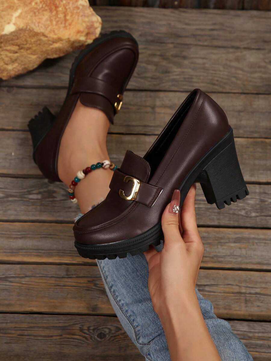 Sepatu Loafer Wanita Bersol Tebal Cokelat, Tali Sepatu Tebal Matte dengan Dekorasi Mengkilap, Cocok untuk Acara Kasual dan Formal
