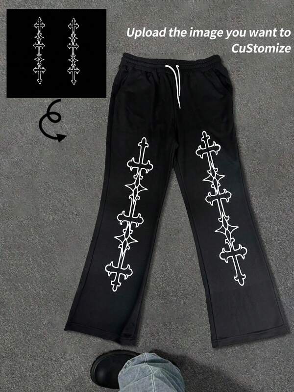 Customized Photo, Star, Moon, Cartoon, Character, Landscape Printed Casual Loose Fit Sweatpants For Men, Suitable For Christmas, Valentine's Day, Anniversaries. Custom Design Sportswear For Company Team, Fashionable Loose Fit Jogger Pants With Elastic Waist
