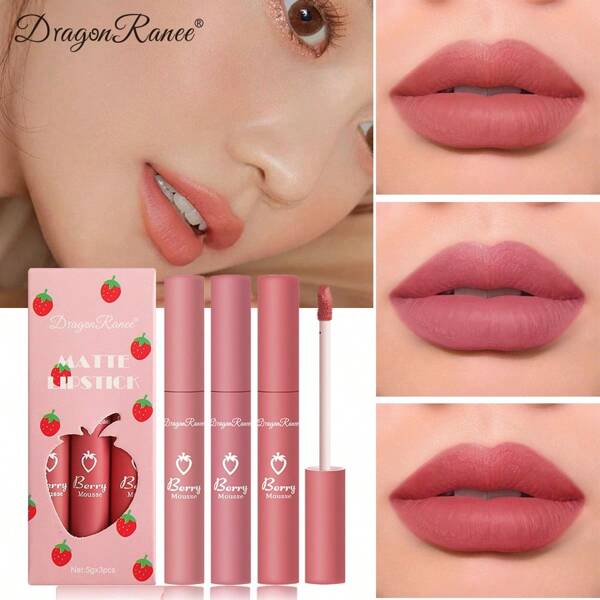 Set de 3 piezas de brillo de labios mate, color de larga duración, tinte de labios a prueba de transferencia, barra de labios nude y set de brillo de labios