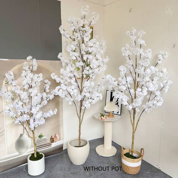 1pc 100-220CM Artificial White Cherry Tree Branches Faux Plant Silk Fake Leaves Tree Realistic Touch Ornamental Indoor Artificial Plant For Wedding Home Hotel Office Party Decoration