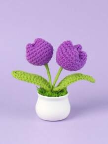 1pc Handmade Crocheted Yarn Simulation Tulip Potted Plant, Round Cute Woven Yarn Tulip, 1 Double Headed Stamen, 1 Triple Headed Flower Bud, Desktop, Car, Office, Home Decoration, Small Gift, Can Be Given To Family, Friends, Classmates, Birthdays, Teachers, Souvenirs, Night Market Camping Parties, Scenic Spots Easter Gifts Graduation,Garden Decor,Outdoor Plant,Gardening,Fake Flowers