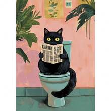 1 件现代奇思妙想黑猫阅读报纸海报浴室复古粉色极简主义装饰趣味厕所帆布画墙艺术礼物可选框架 - 彩色 - 查看 12