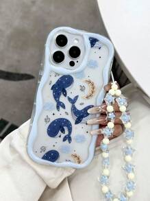 Cream Swirl Wave Edge Gloss Oil Painted Whale Pattern Anti-Drop Phone Case With Handmade Beaded Bracelet Accessories, Compatible With IPhone 16/11/16pro/16plus/16promax/16e/15Promax/13/14/12/XS/XR/7G/8P, Galaxy 11/12Pro/12/12X/13Pro/14Pro/15Pro/X3pro/,Redmi 10/9/Note9/12c/Note11pro/Note8Pro/9C/9a Waterproof Shockproof Scratch Resistant