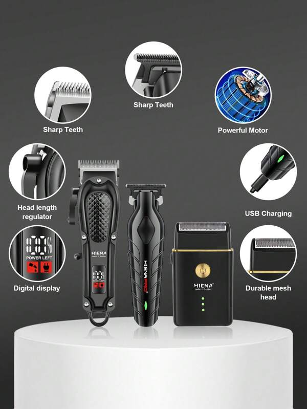 HIENA Hiena 3 Stücke professionelles Haarschneideset für Herren, professioneller ölgeschmierter Haarschneider, LCD Digital Elektro-Haarschneider, Elektrorasierer, USB aufladbares Haarschneideset, Bartpflege-Set - das beste Geschenk zum Vatertag