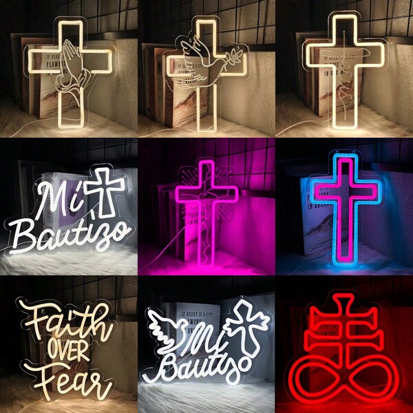 Neon Cross Jesus Sign, Satan Cross Light And Faith Overcomes Fear Wall Decor, Praying Hands LED Cross Symbol Neon Light Sign For Church Decor, Religious Easter Gifts And Wedding Decor, Suitable For Baptism, Birthday, Bedroom, Home Decor, Garden, Party, Christmas, Multi-Purpose Wall Hanging Light, USB Powered, Safe & Energy-Efficient, No Heat, Comes With Hanging Chain, Easy Installation