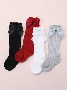 4 Pairs Baby Girls' Cute Solid Color Bow Decor Bubble Cuff High Socks, Suitable For Everyday Wear - Multicolor - View 2