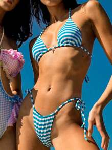 Conjunto de bikini sexy con estampado de rayas y escote halter para la playa de vacaciones