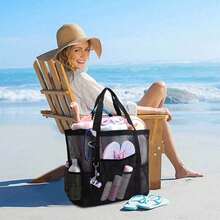 1PC Large Mesh Beach Bag - Sandproof Swim Tote Bag Oversized For Family Foldable Lightweight Pool Boat Bag - Black - View 5