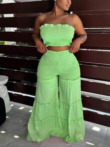 Women's Frill Trim Shirred Flare Leg Pants Set, Boho Tube Crop Top & High Waist Trousers For Beach Holiday Vacation Back To School, Ladies Summer Clothes, 2 Piece Sets Women, Womenswear, Going Out Sets - 綠色 - 查看 1