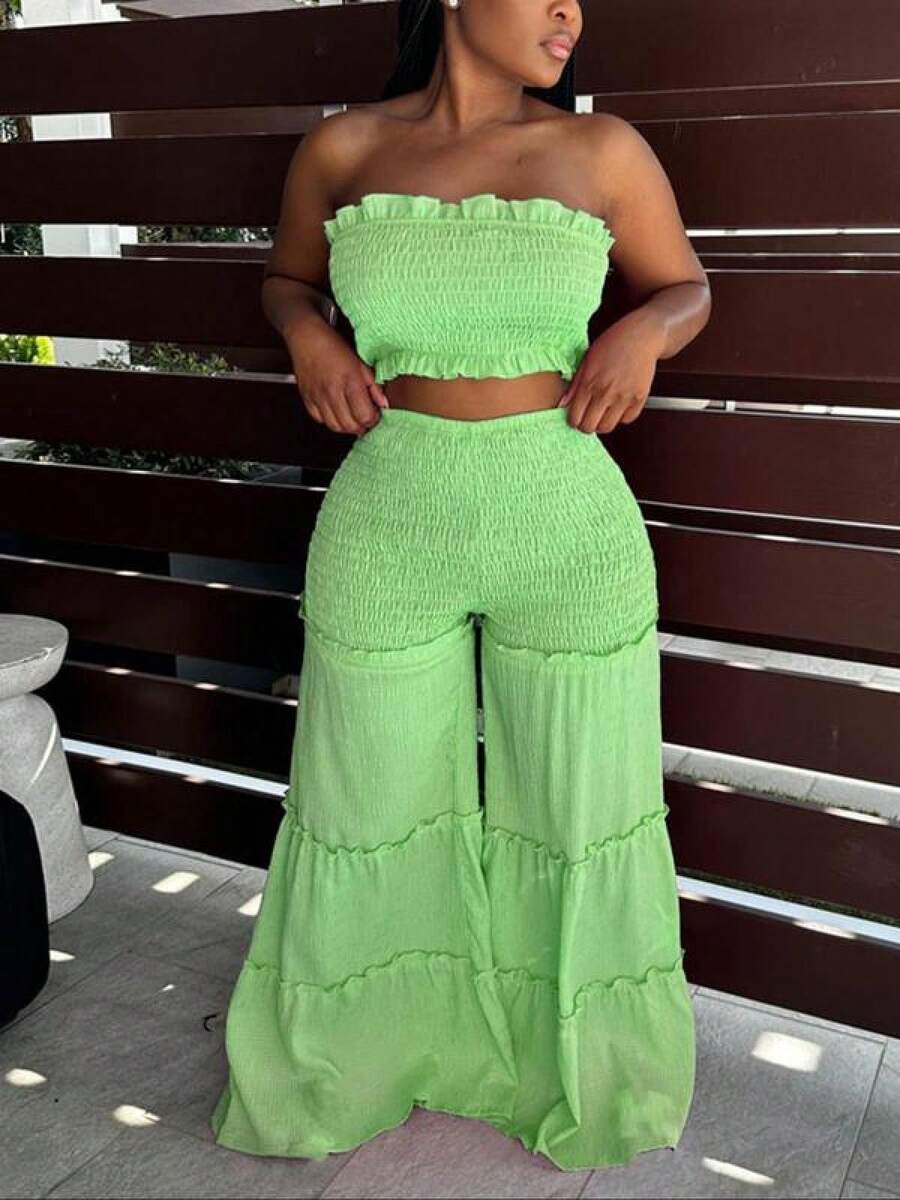 Women's Frill Trim Shirred Flare Leg Pants Set, Boho Tube Crop Top & High Waist Trousers For Beach Holiday Vacation Back To School, Ladies Summer Clothes, 2 Piece Sets Women, Womenswear, Going Out Sets - 綠色 - 查看 1