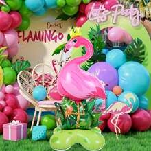 kumozawa 1pc 155.45cm Large Flamingo Aluminum Foil Balloon With Tropical Jungle Base - Vibrant Pink Flamingo & Green Foliage Design, Ideal For Hawaiian Luau, Birthday Parties, And Summer Celebrations, Flamingo Decor