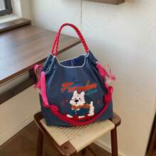 Fashion Shopping Bag Women's Shoulder Bag Nylon Fabric Bag Dog Embroidery Lightweight Storage Bag Commuter Bag Travel Backpack Large Capacity Tote