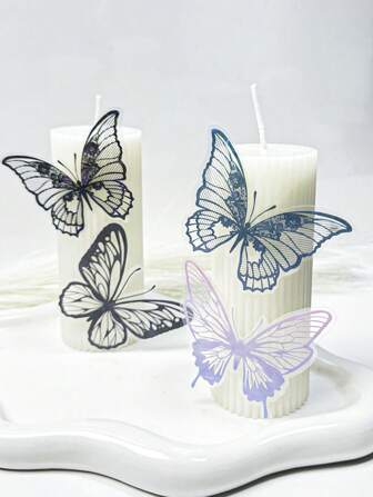1 pièce Bougie parfumée à colonne rayée en forme de papillon, faite de cire de soja, décoration de table de mariage haut de gamme blanche, décoration d'intérieur simple, décoration de table haut de gamme, bougie parfumée de style nordique blanche, bougie parfumée de forme géométrique longue et cylindrique artisanale, accessoire photo, cadeau pour maman et amis