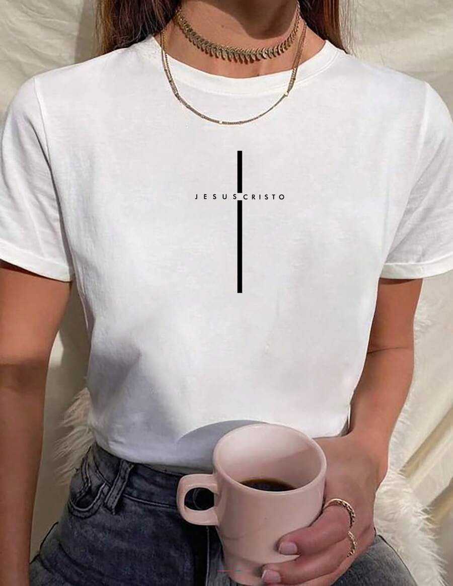 Babylook Women's T-Shirt Cross With Writing Jesus Christ Religion 100% Cotton Various Colors - trắng - Xem 1