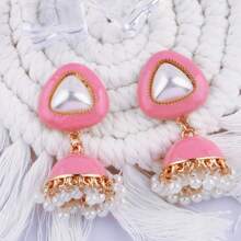 1 Pair Of Zinc Alloy Faux Pearl Fashionable Bohemian Earrings, Colored Enamel Retro Three-Dimensional Conical Small Pendant Earrings, Elegant Pearl Earrings And Stud Earrings Suitable For Daily Banquets, Beaches And Vacations