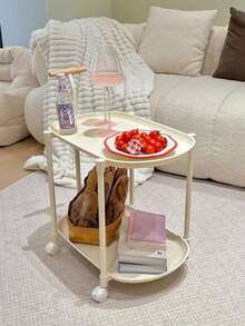 1pc Living Room Sofa Side Table Storage Rack, Portable Small Cart, Minimalist Design, Multifunctional Floor Standing Organizer Desk - White - View 7