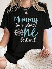 Mommy In A Winter Onederland Mom 1st Birthday Of Girl Funny Graphic Tees Women, Summer Tops,Cotton Crew Neck Tee Shirt Women's For Spring Summer, Fun Graphic Tops T-Shirts For Women - 黑色 - 查看 1