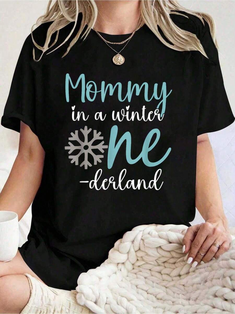 Mommy In A Winter Onederland Mom 1st Birthday Of Girl Funny Graphic Tees Women, Summer Tops,Cotton Crew Neck Tee Shirt Women's For Spring Summer, Fun Graphic Tops T-Shirts For Women - 黑色 - 查看 1
