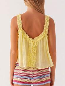 Women Y2k Ruffle Hem Crop Tank Tops Sleeveless Spaghetti Strap Flowy Camisoles Sexy V Neck Babydoll Tops Cute Going Out Cami Shirt - 黃色 - 查看 3