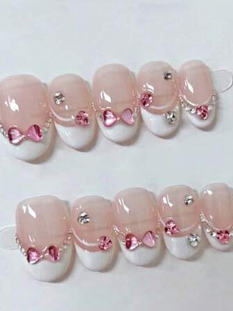 10pcs Handmade Nail Art, White French Color Diamond Design, Pink Heart Sparkling Diamond Nail Art, Cute Short Daily Nail Art, Spring Nails, Summer Nails, Autumn Nails, Winter Nails, Sweet And Hot Girls Cute Three-Dimensional Love Creative Nail Art, Cartoon Sweet Cool, Unique And Cute Senior Nail Art, Y2K Style Nail Art Minimalist, Hot Girl, Punk Style, Sweet And Cool Avant-Garde Three-Dimensional Nail Art.