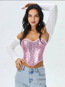 Ein süßes rosa glitzerndes trägerloses Top für Bauchtanz, perfekt für Bühnenauftritte, Tanzclubs, Discothek-Nächte und festliche Feiern. Dieses rosa, glitzernde Modell-Top verleiht einen Hauch von Charme und Sinnlichkeit.