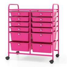12 Drawers Rolling Cart Storage Mutlicolor Scrapbook Paper Studio Organizer Bins - Hot Pink - View 10