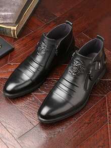 Men's Fashion Pointed Toe Casual Leather Shoes With Metal Buckle Accent And Side Zipper Design, Comfortable Versatile For Office Or Outdoor Leisure 2000s Style Streetwear