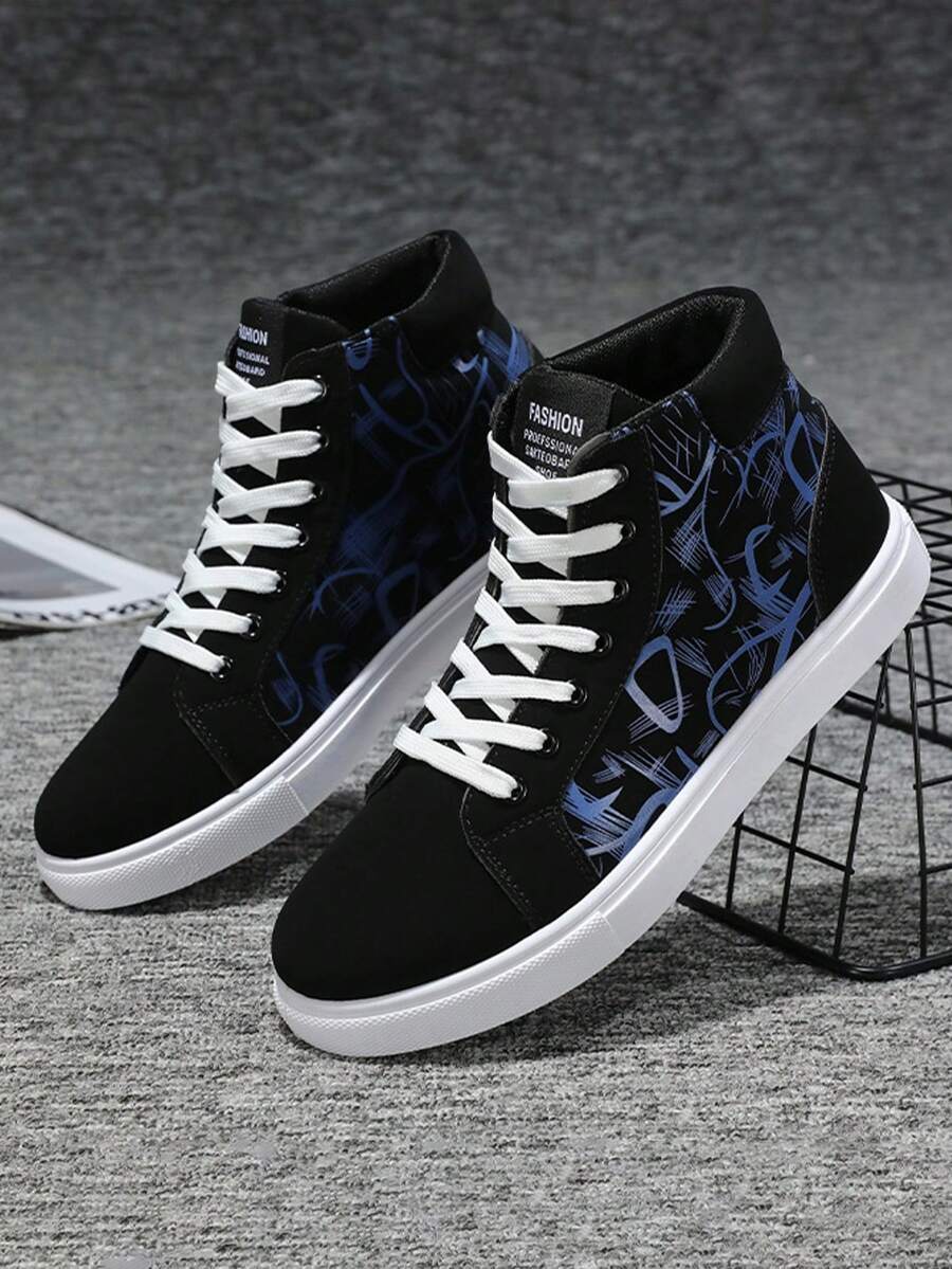 Los hombres de la moda personalizada vamp patrón de punta redonda de encaje hasta zapatos de lona de alta parte superior, tenis para hombre, pisos transpirables casuales y confortables, botas altas de los hombres, adecuados para el otoño y el invierno de excursión, viajes, desplazamientos diarios, danza de la calle, citas, caminar, ir de compras y el uso diario. - azul oscuro - Ver 1