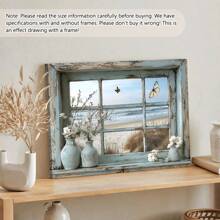 1 peça sem moldura, tela com vista para janela costeira, arte moderna abstrata de praia com litoral azul e borboleta, perfeita para decoração de sala de estar ou quarto, pôsteres com tema de praia, arte de parede, itens de decoração de quarto