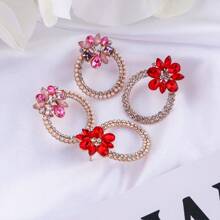 1 Par de Brincos de Pérola Simples Imitando Flor Redonda com Strass Colorido, Adequado para Usar no Dia a Dia, em Casamentos, Banquetes e Festas