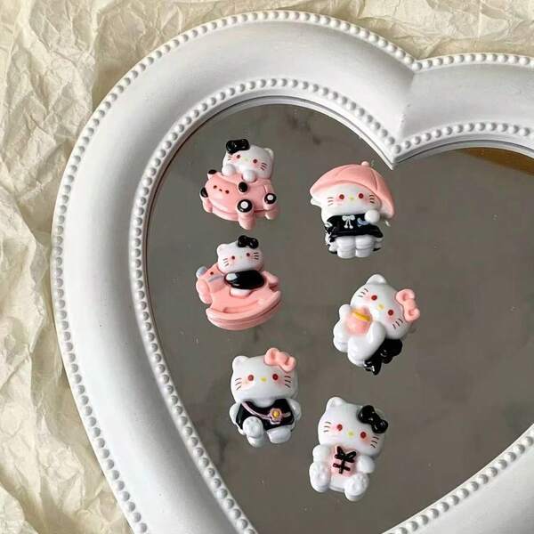 Sanrio 12pcs Sanrio KT Cartoon Cat Resin DIY Accessories, Pink & Black Cat Playing Cream Handmade Hairclip, Phone Case, Shoe Charms